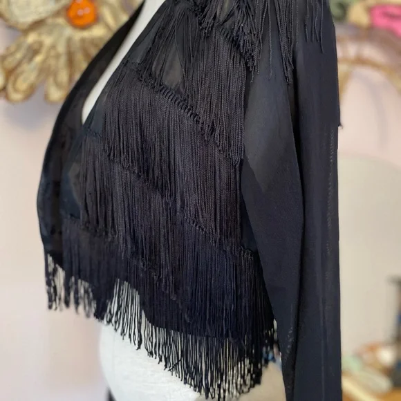 SAM Vintage Black Jacket with Fringe Sheer Sleeves Size L - Picture 6 of 6